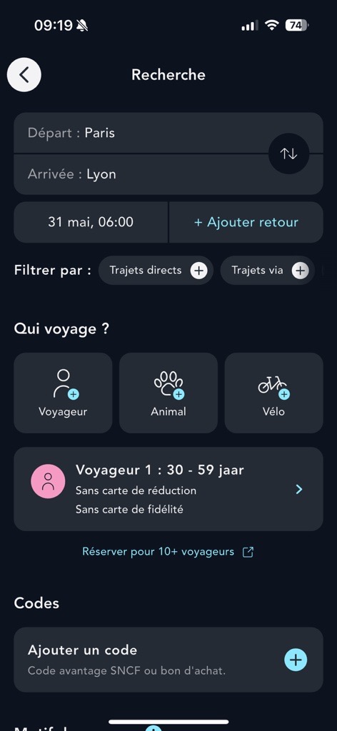 Visuel de la page de recherche de billet sur l'application SNCF Connect
